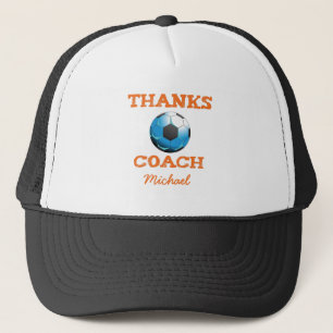 Soccer Coach Thanks, Orange on Teal, Blue Starburs Trucker Hat