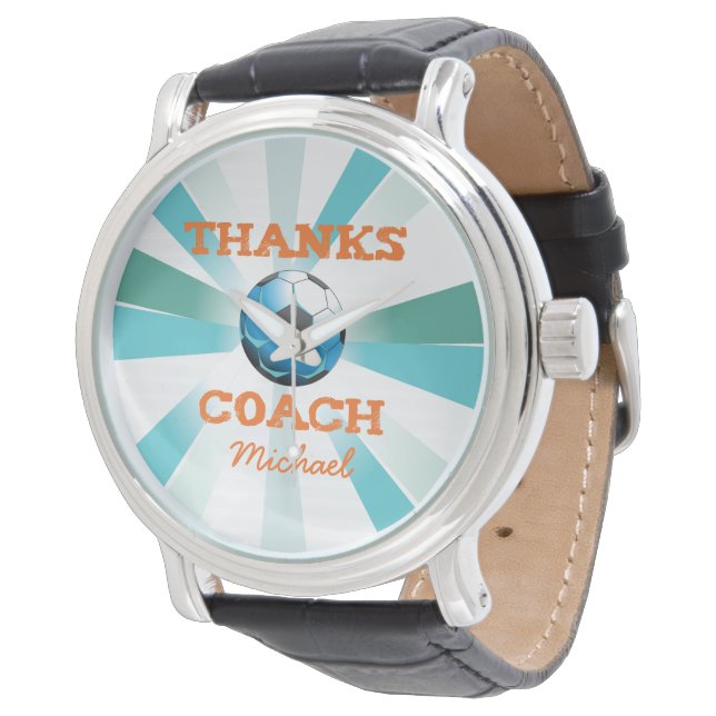 Soccer Coach Thanks, Orange on Teal, Blue Starburs Watch (Angled)