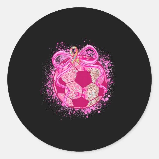 Soccer Coquette Bow Breast Cancer Awareness Nk Rib Classic Round Sticker (Front)