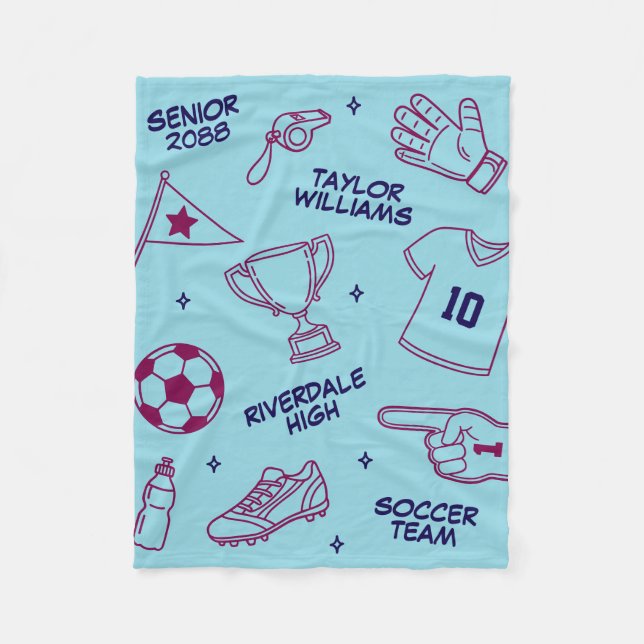 Soccer Doodle Pattern Custom Text Senior Gift Fleece Blanket (Front)