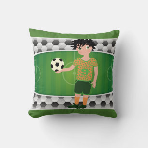 Soccer Field And Balls With Boy Holding Ball Cushion