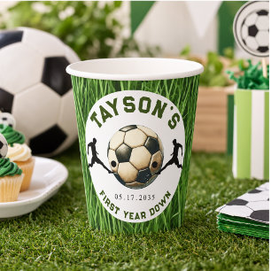 Soccer First Year Down 1st Birthday Paper Cups
