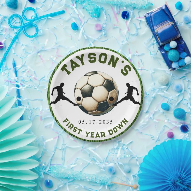 Soccer First Year Down 1st Birthday Paper Plate (Party)