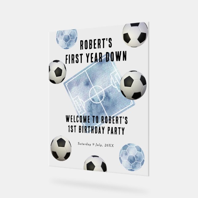 Soccer First Year Down 1st Birthday Party Acrylic Sign (Angle)
