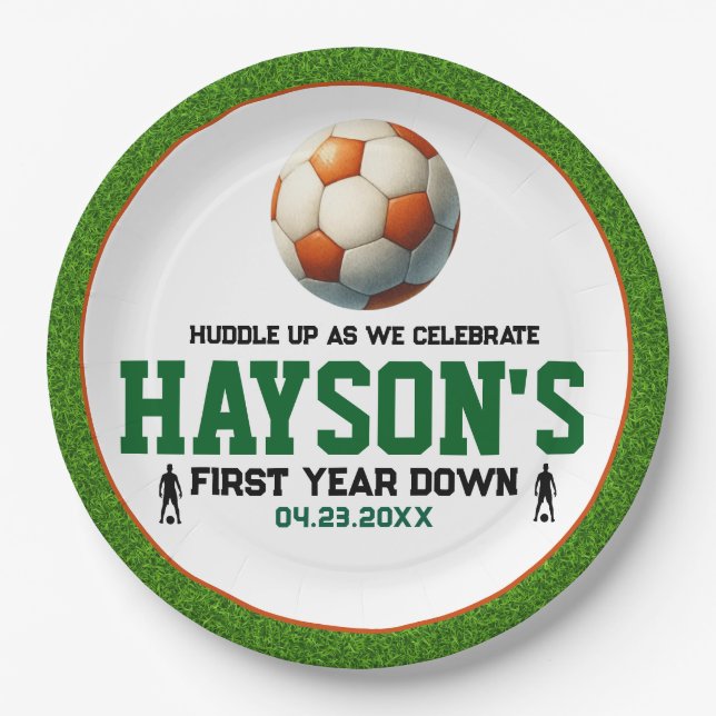 Soccer First Year Down 1st Birthday Party Paper Plate (Front)