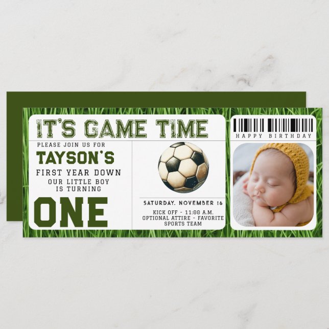 Soccer First Year Down 1st Birthday Ticket Photo Invitation (Front/Back)