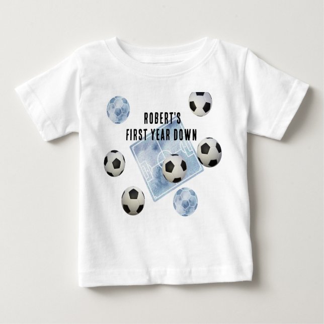 Soccer First Year Down Birthday Party Baby T-Shirt (Front)