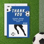 Soccer Football Ball Blue Thank you Coach Card<br><div class="desc">Soccer Football Ball Blue Thank you Coach Card. Soccer thank you coach card with thank you text, coach name, team name, year, your name and soccer balls. The card has a black and white silhouette image of a soccer player in action and blue background. Personalise the card with your text....</div>