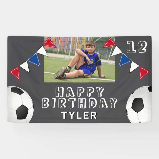 Soccer Football Ball Flags Photo Birthday Banner (Horizontal)