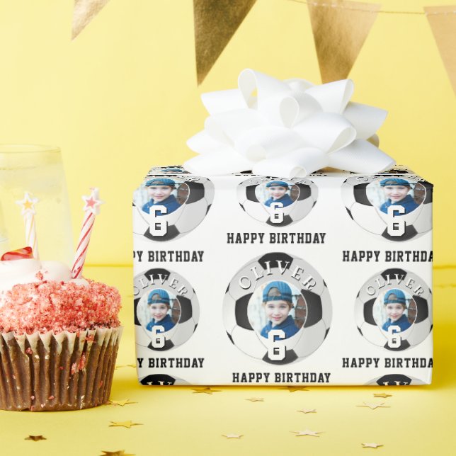 Soccer Football Ball Kids Happy Birthday Age Photo Wrapping Paper (Birthday Party)