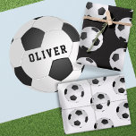 Soccer Football Ball Pattern Kids Name Birthday Wrapping Paper Sheet<br><div class="desc">Soccer Football Ball Pattern Kids Name Birthday Wrapping Paper Sheets. Blue,  black and white background. Personalise with your name or erase the text.</div>