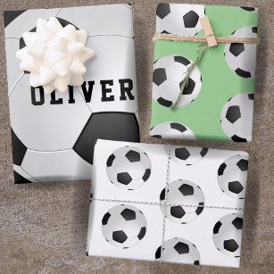 Soccer Football Ball Pattern Kids Name Birthday Wrapping Paper Sheet