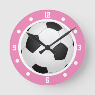 Soccer Football Ball Pink Girls Black and White Round Clock