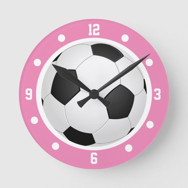 Soccer Football Ball Pink Girls Black and White Round Clock (Front)