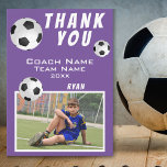 Soccer Football Ball Purple Sports Coach Thank You Card<br><div class="desc">Soccer Football Ball Purple Sports Coach Thank You Card. Soccer thank you coach card with photo, thank you text, coach name, team name, year, your name and soccer balls. Photo thank you card - add your photo to the template. Personalise the card with names and your text. Great thank you...</div>