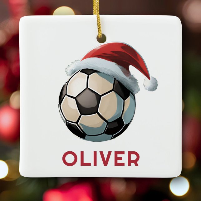 Soccer Football Ball Red Santa Hat Name Christmas  Ceramic Ornament (Creator Uploaded)
