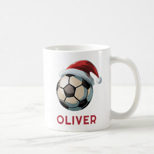 Soccer Football Ball Red Santa Hat Name Christmas  Coffee Mug