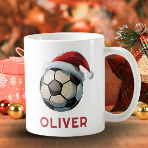 Soccer Football Ball Red Santa Hat Name Christmas Coffee Mug