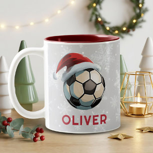 Soccer Football Ball Red Santa Hat Name Christmas Two-Tone Coffee Mug