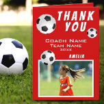 Soccer Football Ball Red Sports Coach  Thank You Card<br><div class="desc">Soccer Football Ball Red Sports Thank you Coach Card. Soccer thank you coach card with photo, thank you text, coach name, team name, year, your name and soccer balls. Photo thank you card - add your photo to the template. Personalise the card with names and your text. Great thank you...</div>