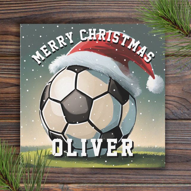 Soccer Football Ball Santa Hat Merry Christmas  Card (Creator Uploaded)