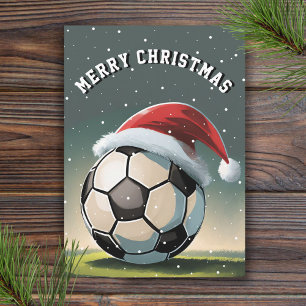 Soccer Football Ball Santa Hat Merry Christmas  Card