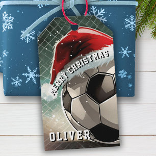 Soccer Football Ball Santa Hat Merry Christmas Gift Tags