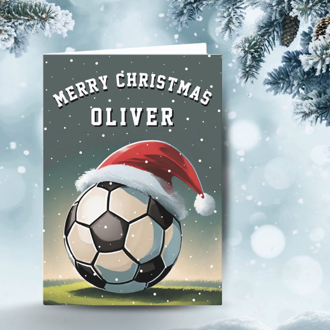 Soccer Football Ball Santa Hat Merry Christmas  Holiday Card (Creator Uploaded)