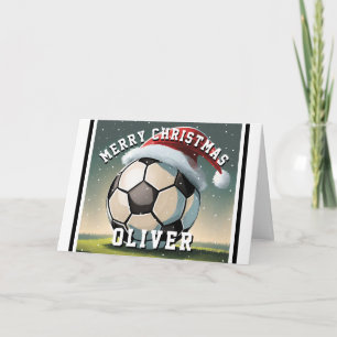 Soccer Football Ball Santa Hat Name Christmas  Card