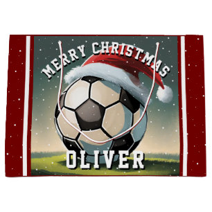 Soccer Football Ball Santa Hat Name Christmas Large Gift Bag