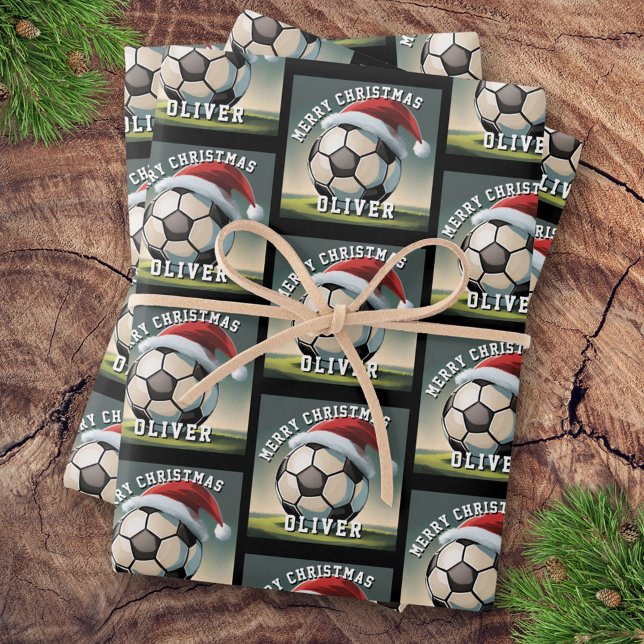 Soccer Football Ball Santa Hat Name Christmas  Wrapping Paper Sheet (Creator Uploaded)