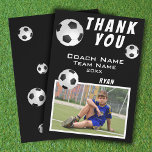 Soccer Football Ball Sports Thank you Coach  Card<br><div class="desc">Black and White Soccer Football Ball Sports Thank you Coach. Soccer thank you coach card with photo, thank you text, coach name, team name, year, your name and soccer balls. Photo thank you card - add your photo to the template. Personalise the card with names and your text. Great thank...</div>