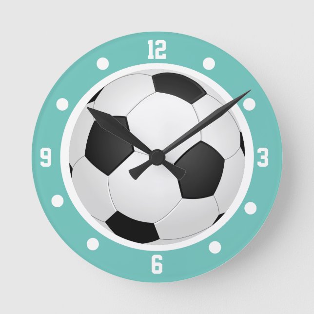 Soccer Football Ball Teal Blue Black and White Round Clock (Front)