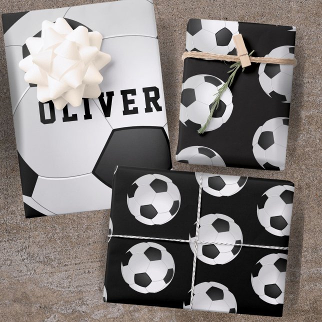 Soccer Football Balls Kids Name Black Birthday Wrapping Paper Sheet (Creator Uploaded)