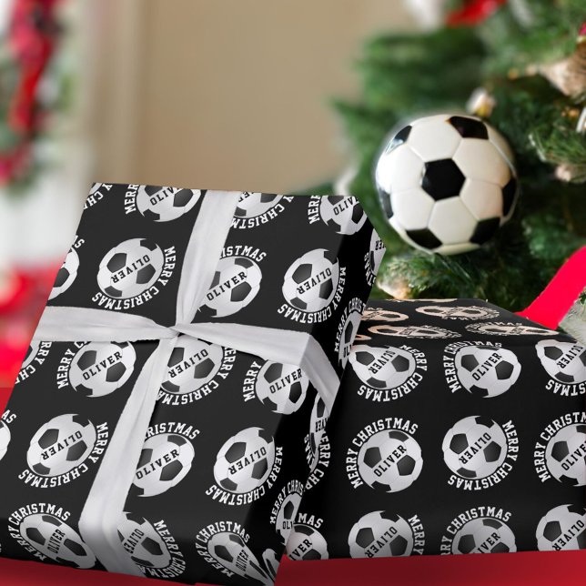 Soccer Football Balls Kids Name Black Christmas  Wrapping Paper (Creator Uploaded)