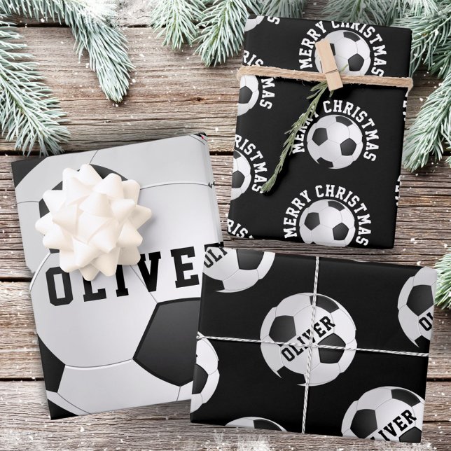 Soccer Football Balls Kids Name Black Christmas  Wrapping Paper Sheet (Creator Uploaded)
