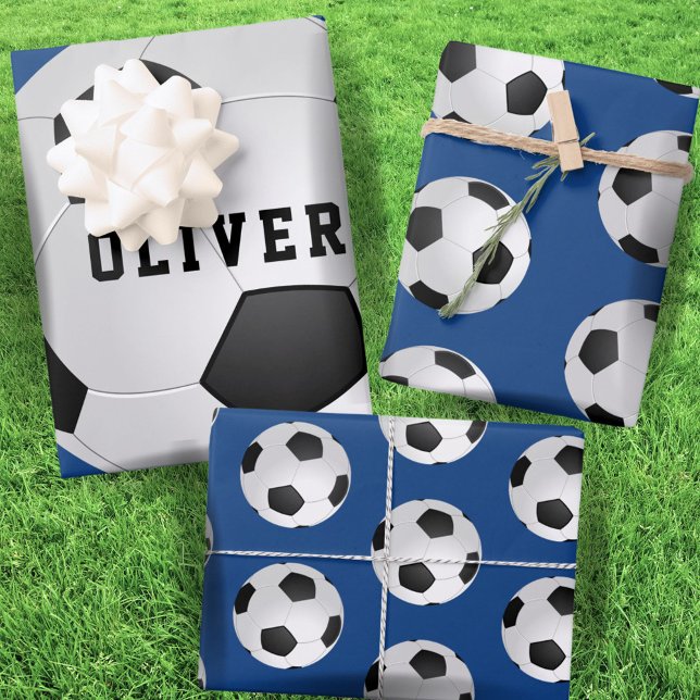 Soccer Football Balls Kids Name Blue Birthday Wrapping Paper Sheet (Creator Uploaded)
