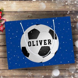 Soccer Football Balls Kids Name Blue Christmas Large Gift Bag