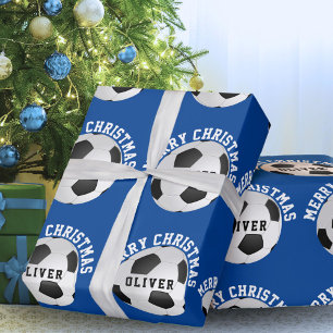 Soccer Football Balls Kids Name Blue Christmas  Wrapping Paper