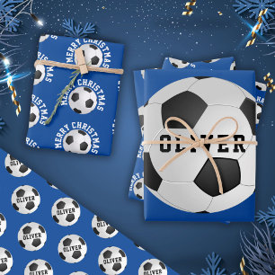 Soccer Football Balls Kids Name Blue Christmas Wrapping Paper Sheet