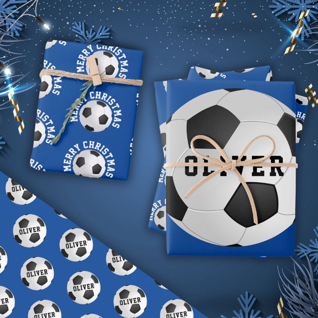 Soccer Football Balls Kids Name Blue Christmas Wrapping Paper Sheet (Creator Uploaded)
