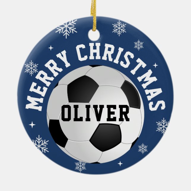 Soccer Football Balls Kids Name Christmas  Ceramic Ornament (Back)