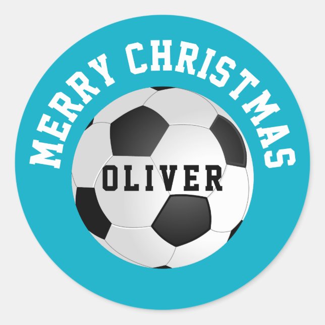 Soccer Football Balls Kids Name Christmas  Classic Round Sticker (Front)