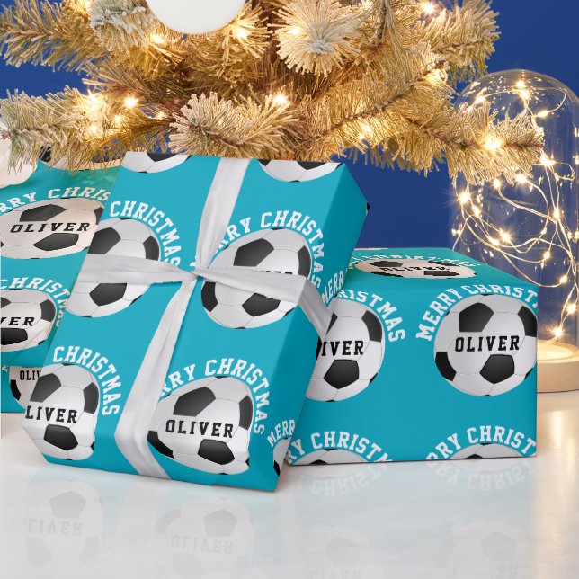 Soccer Football Balls Kids Name Christmas  Wrapping Paper (Holidays)
