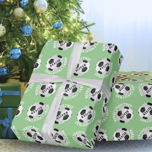 Soccer Football Balls Kids Name Green Christmas  Wrapping Paper