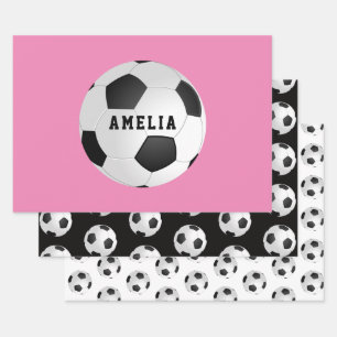 Soccer Football Balls Kids Name Pink Birthday  Wrapping Paper Sheet