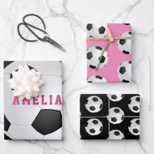 Soccer Football Balls Kids Name Pink Birthday Wrapping Paper Sheet