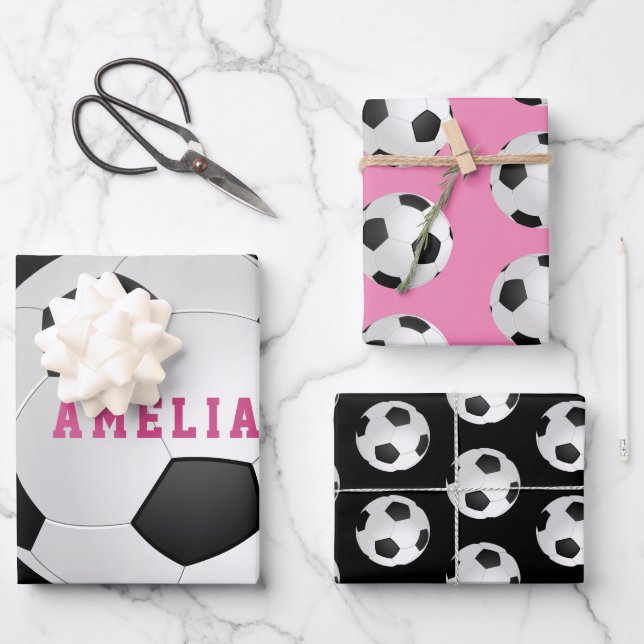 Soccer Football Balls Kids Name Pink Birthday Wrapping Paper Sheet (Front)