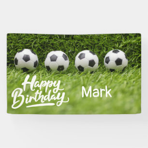 Soccer Football Birthday with ball on green grass Banner