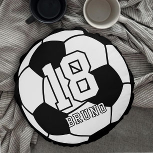 Soccer Football Black & White Name & Jersey Number Round Cushion